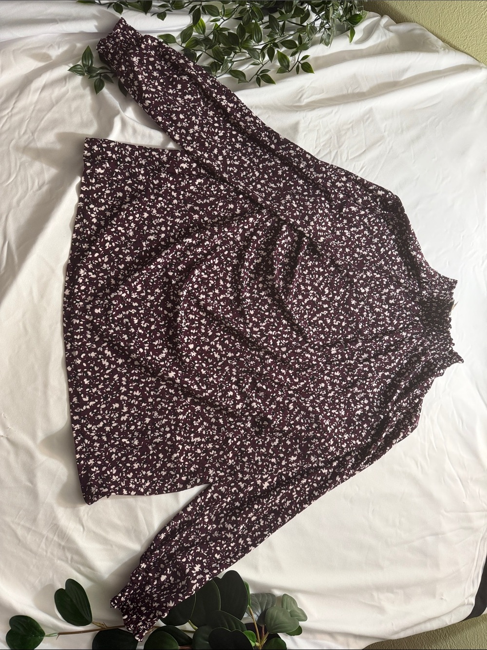 Anne Klein Burgundy Floral Smocked Neck Blouse